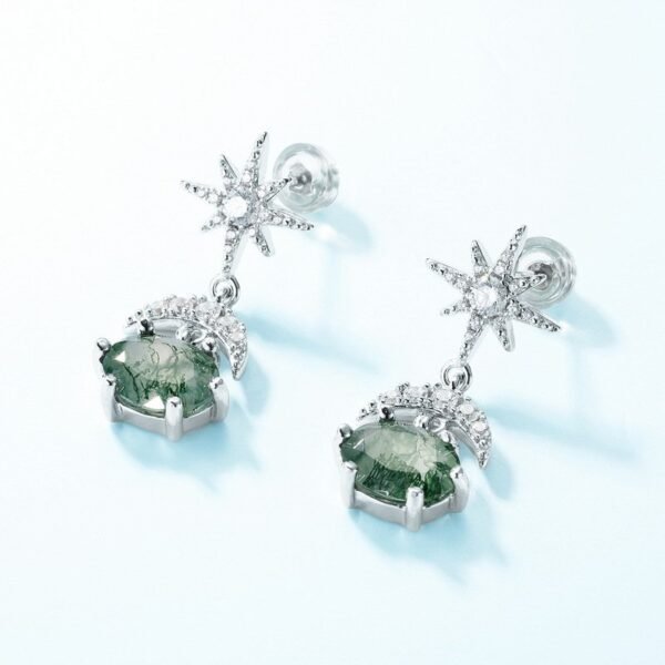 Sun and moon light luxury green moss earrings S925 silver inlaid watercress agate earrings fashion - Image 2