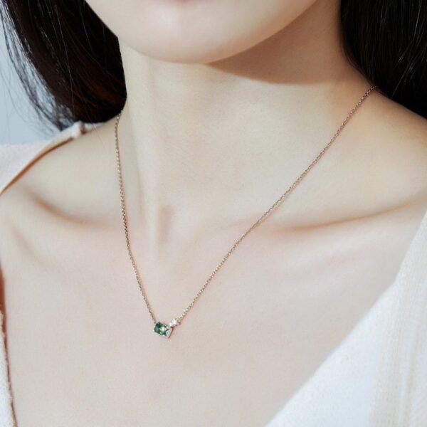Geometric natural watercress agate necklace S925 silver green moss stone collarbone chain lightweight and versatile - Image 2