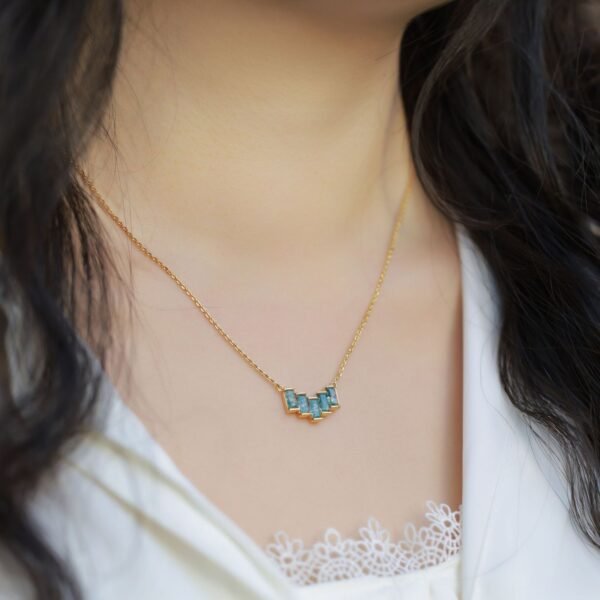Rectangular V design green moss stone necklace S925 silver natural aqua agate collarbone chain customized - Image 2