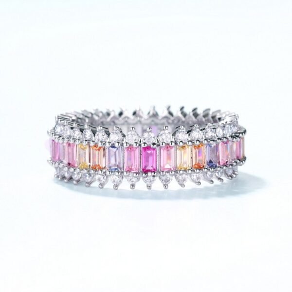 Rainbow zirconia ring S925 silver inlaid single row colorful treasure finger ring female simple fashion - Image 2