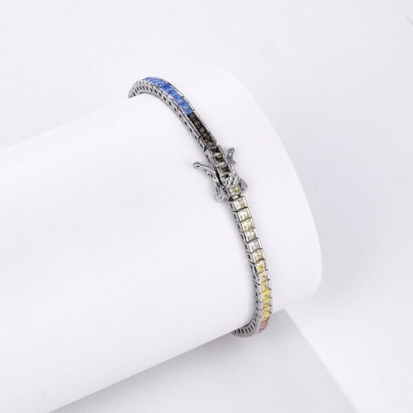Wind hip-hop colored zirconia bracelet S925 silver with rainbow colored treasure square tennis chain simple light luxury trend - Image 2