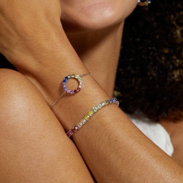 Hot S925 silver rainbow circle colorful treasure bracelet colorful zirconia adjustable hand jewelry light luxury simple - Image 2