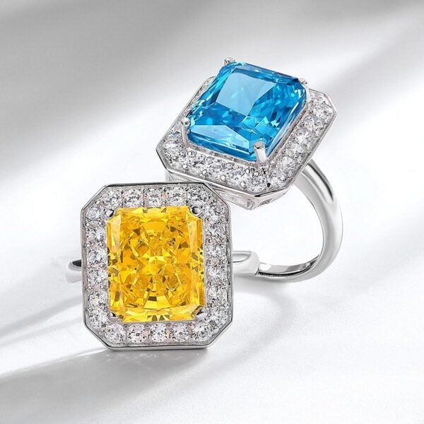 S925 silver full diamonds surrounded by women's ring long square ice flower cut aquamarine high carbon diamond ring - Image 2