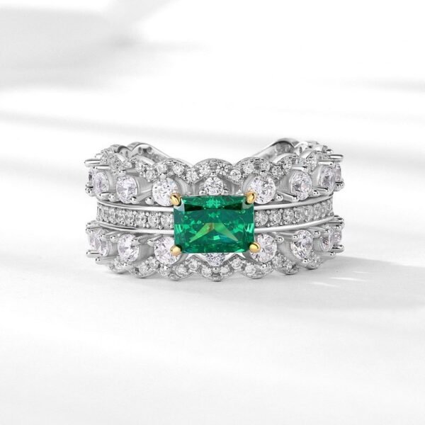 New S925 Silver Emerald High Carbon Diamond Ring Double Row Spell Diamond Full Diamond Row Ring Fashion - Image 2