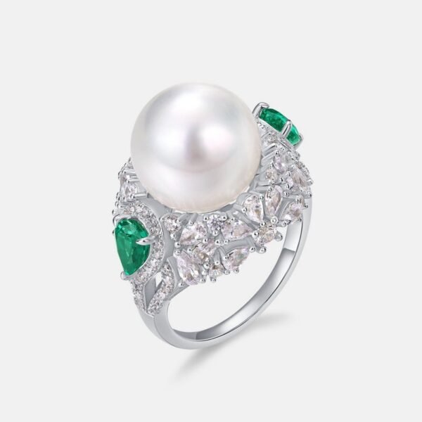 White shell beads ring S925 silver emerald color treasure finger ring light luxury retro noble temperament - Image 2