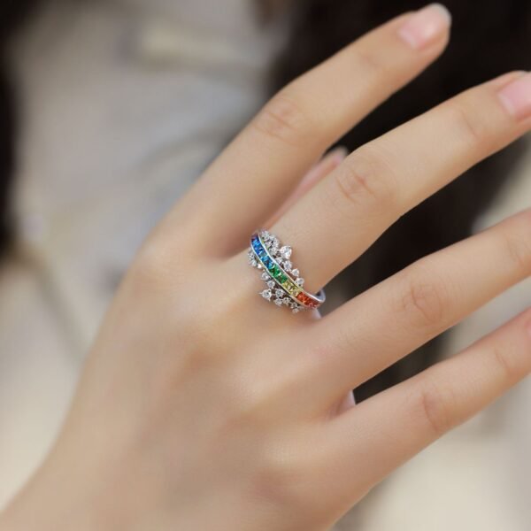 Simple Rainbow Zirconia Ring S925 Silver with Colorful Zirconia Colorful Treasure Index Finger Ring Style - Image 2