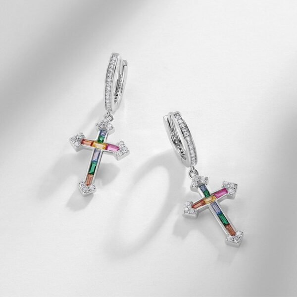 New rainbow zirconium cross earrings female S925 silver inlaid multi-color zirconium earrings lightweight luxury fashion and versatile - Image 2
