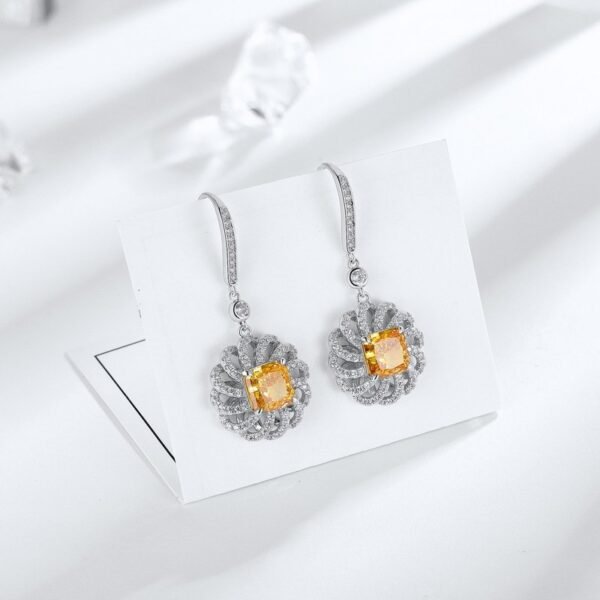 Yellow earrings square ice flower cut high carbon diamonds S925 silver light luxury beauty earrings - Image 2