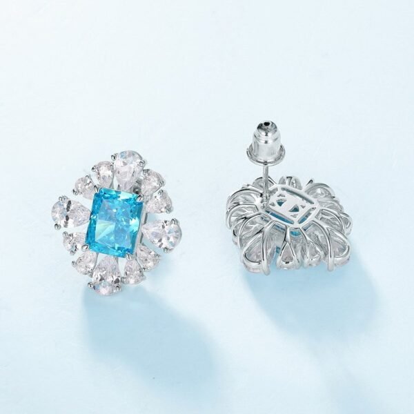 Hot mining atmosphere ice flower cut high carbon diamond earrings S925 silver inlaid with aquamarine colored gemstone earrings hundred and matching - Image 2