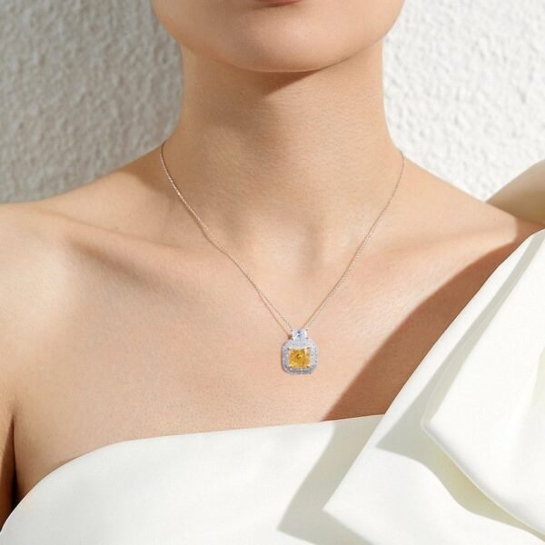 S925 silver ice flower cut high carbon diamond square collarbone chain light luxury fashion yellow diamond necklace neck jewelry - Image 2