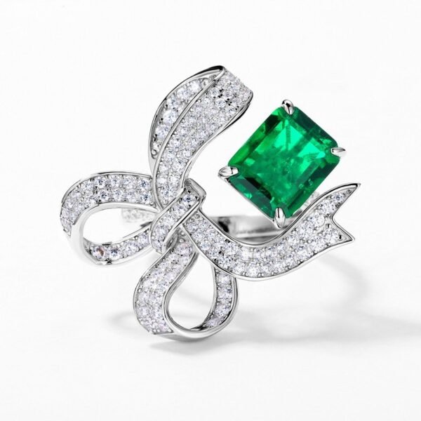 New S925 Silver Cultivated Emerald Ring Female Bow Wind Fashion High Feeling Jewelry - Image 2