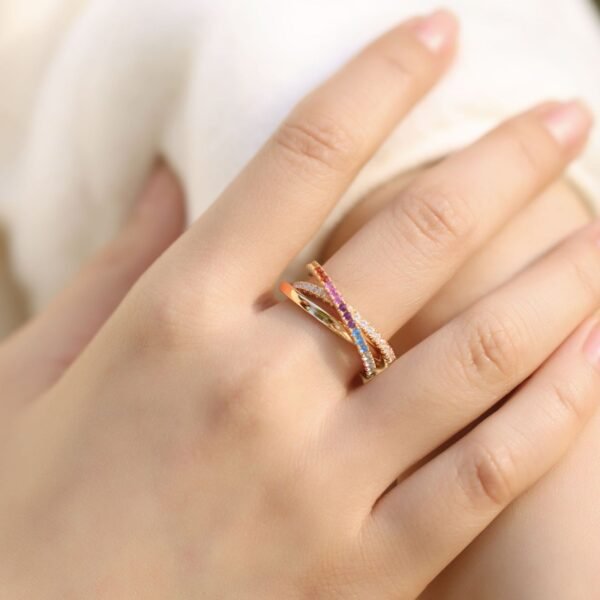 Light luxury fashion triple interlocking colored zirconium multi wear ring S925 silver with rainbow zirconium index finger ring customized - Image 2