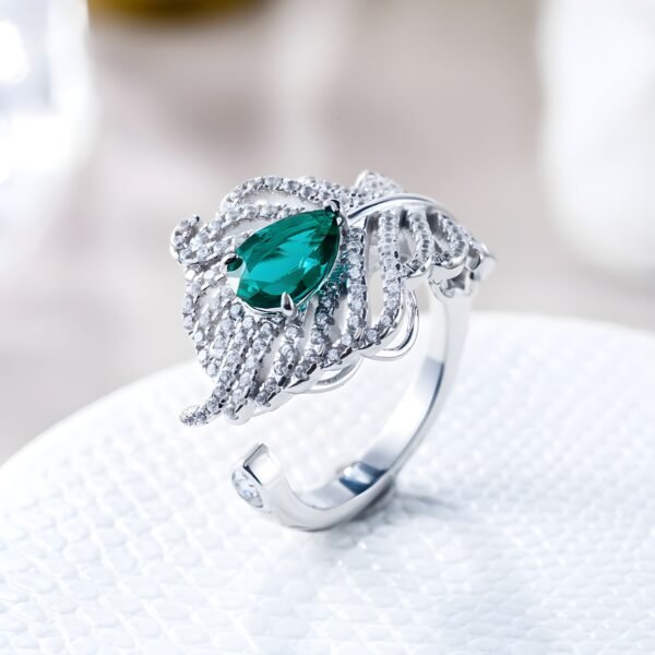Light Luxury Feather Cultured Emerald Index Ring S925 Silver Setting Cultured Colored Treasure Ring Wind - Image 2