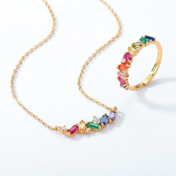 S925 silver plated 10K gold color zirconia necklace summer fresh simple rainbow zirconia collarbone chain - Image 4