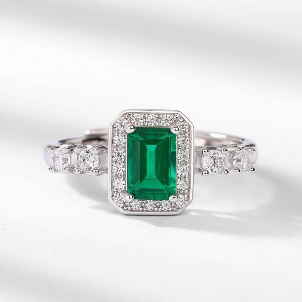 Square Cultured Emerald Ring S925 Silver Full Set Colorful Gemstone Light Luxury Finger Ring Fashion - Image 3