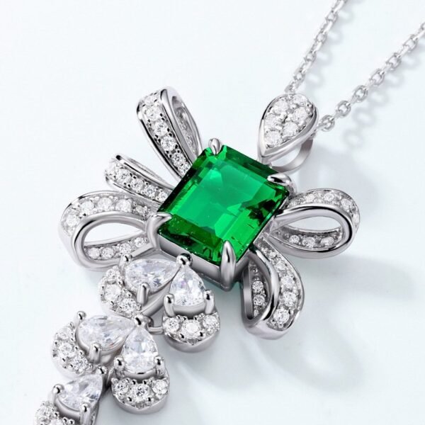 Bow Long Cultured Emerald Necklace S925 Silver with Cultured Colored Treasure Light Luxury Chain Breeze - Image 3