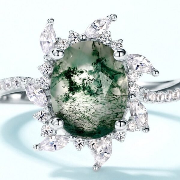 New S925 silver green moss ring women watercress agate finger ring fashion light luxury style - Image 3