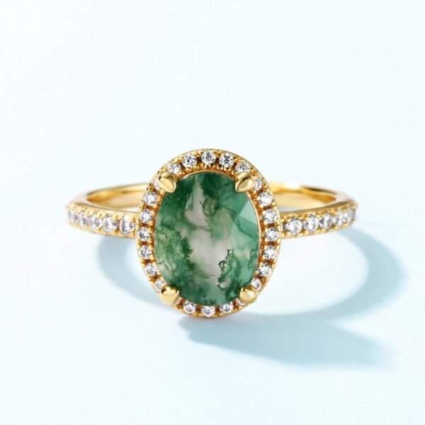 Indie S925 Silver Green Moss Ring Watercress Agate Finger Ring Noble Light Luxury - Image 3