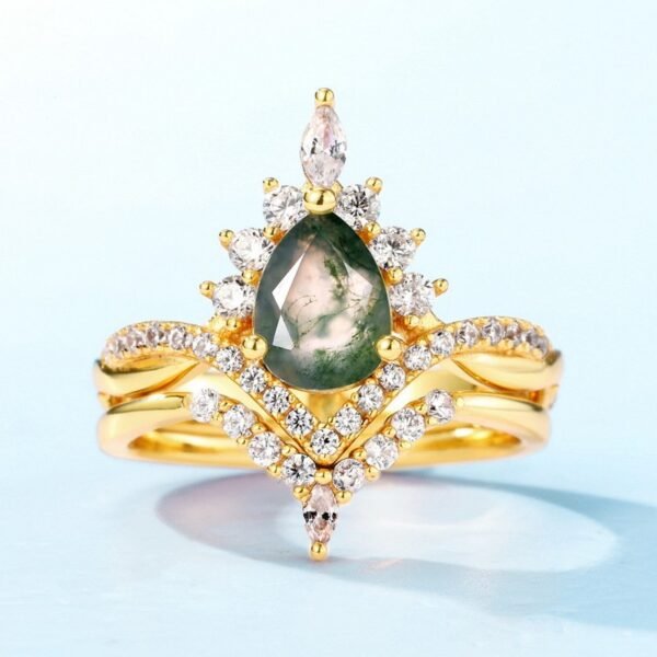 New S925 silver green moss ring women watercress agate pair ring fashionable and versatile - Image 3