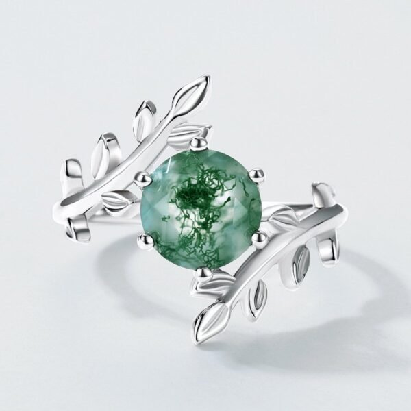 Natural watercolor agate index finger ring for women S925 silver with green moss stone olive branch ring customized - Image 3