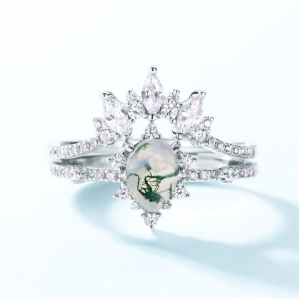 S925 Silver Watercress Agate Ring Pear Shape Green Moss Stacked Finger Ring Light Style - Image 3