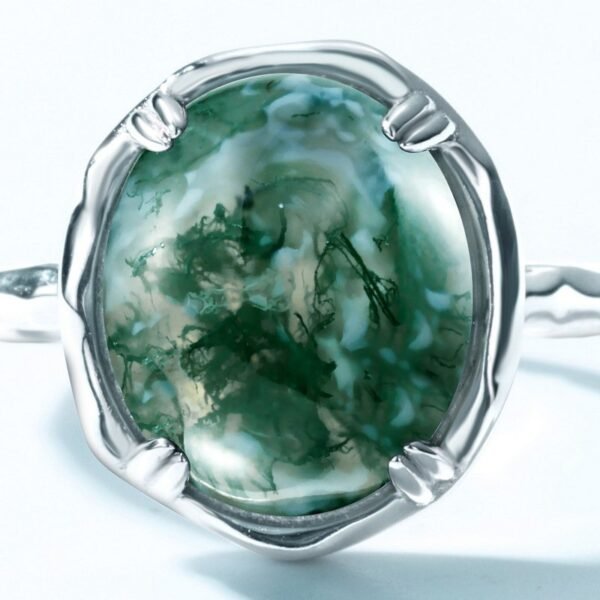 S925 Silver Green Moss Ring Women's Four Claw Setting Watercress Agate Finger Ring Vintage - Image 3