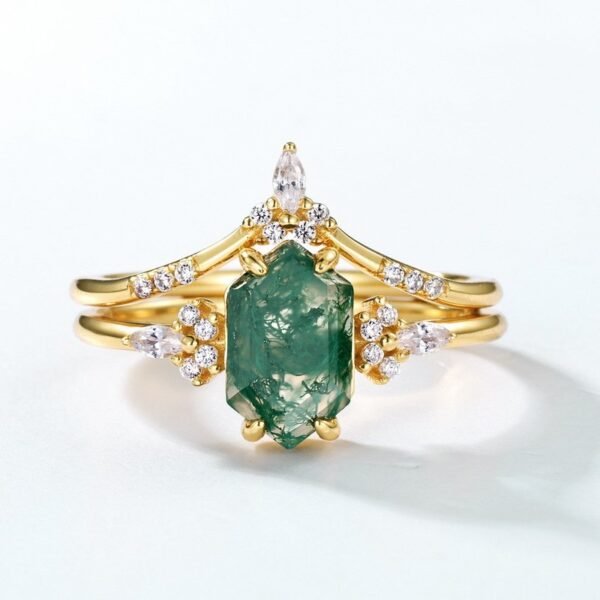 Unique Green Moss Stone Stacking Ring S925 Silver with Geometric Watercress Agate Combo Ring - Image 3