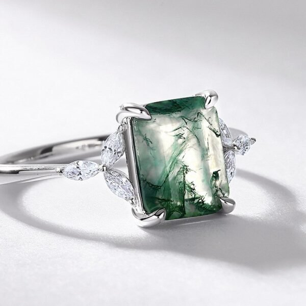 Geometric natural watercress agate ring S925 silver green moss finger ring simple atmosphere customized - Image 3