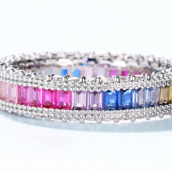 Rainbow zirconia ring women S925 sterling silver single row full set colorful treasure finger ring - Image 3