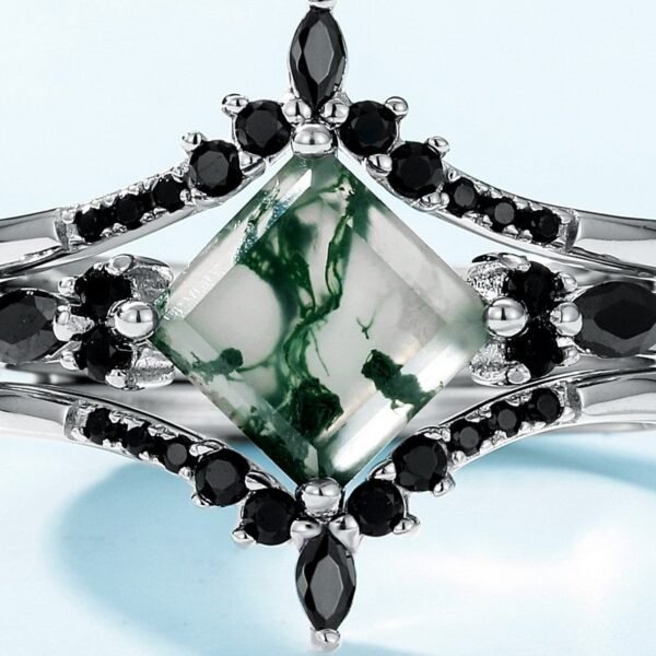 Geometric Natural Watercress Agate Ring S925 Silver with Green Moss Stone Stacking Ring One Multi Wear - Image 3