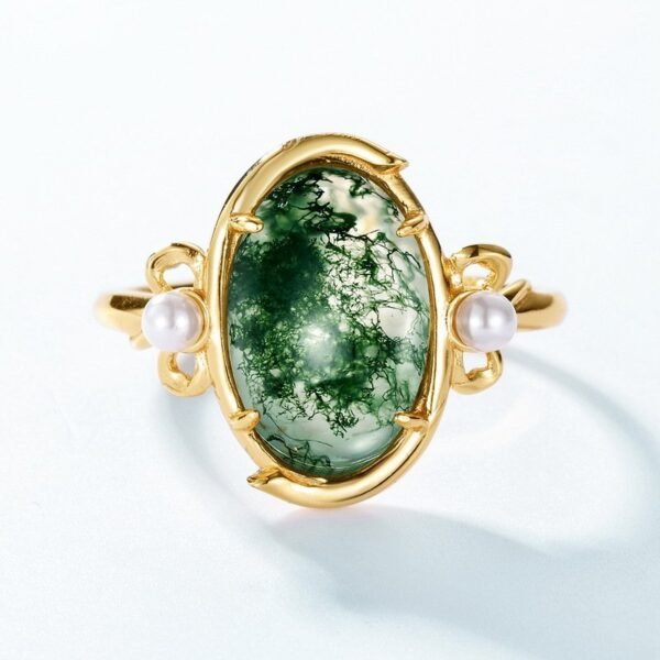 Atmospheric light luxury natural watercress agate ring women S925 silver with green moss stone index ring customized - Image 3