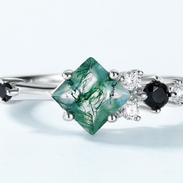 Light luxury fashion natural watercress agate ring women S925 silver with green moss stone index ring customized - Image 3