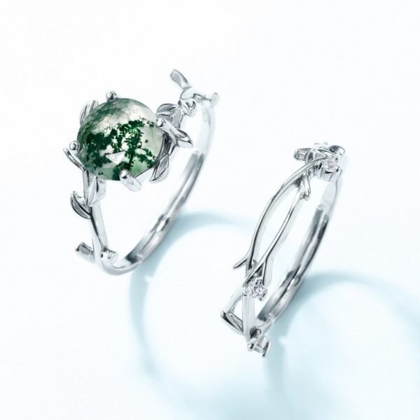 Global S925 silver green moss ring women watercress agate finger ring fashion unique style - Image 3