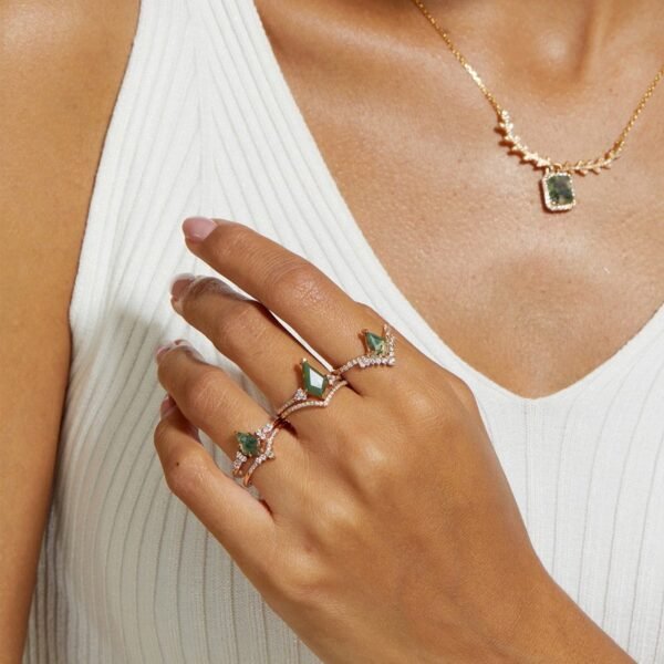 Live with the same S925 silver green moss ring female watercress agate pair ring fashion style - Image 3