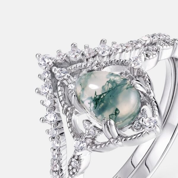 S925 Silver Pear Shape Green Moss Ring with Watercress Agate Stacking Finger Ring Fashion Light Luxury - Image 3