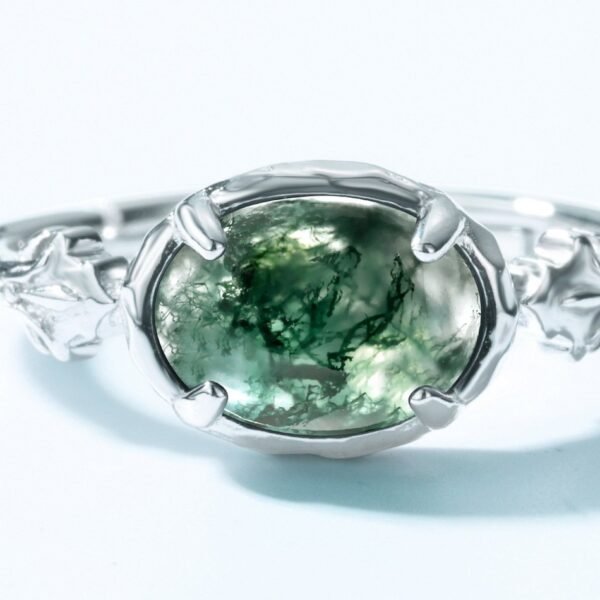 S925 silver green moss ring female fashion watercress agate open finger ring light luxury style hand jewelry - Image 3