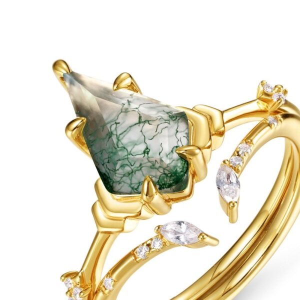 Geometric Natural Watercress Agate Ring S925 Silver with Kite Shaped Green Moss Stacking Ring Fashion - Image 3