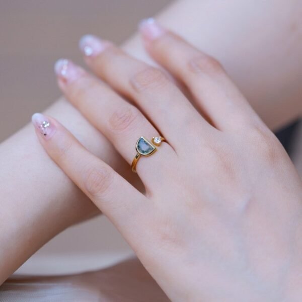 Geometric natural green moss stone ring women S925 silver with watercress agate index ring light luxury - Image 3