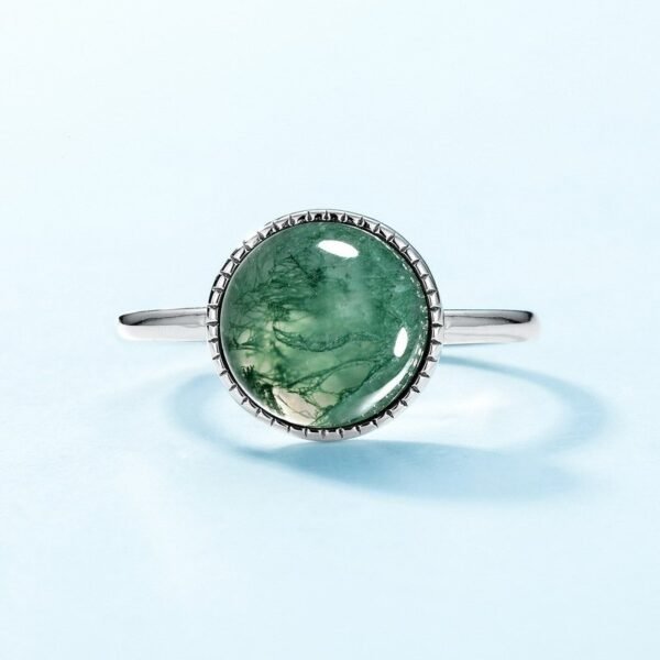 Large fashion natural watercress agate ring S925 silver with round green moss stone finger ring customized - Image 3
