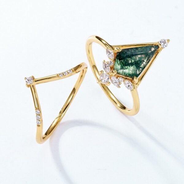 Natural Watercress Agate Combo Ring Children S925 Silver Geometric Green Moss Stone Pair Ring Light Luxury - Image 3
