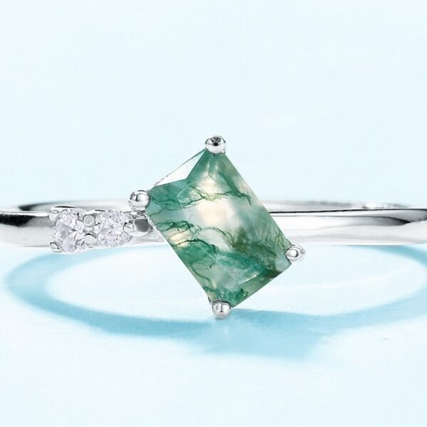 Natural Green Moss Stone Ring S925 Silver Unique Watercress Agate Open Ring Niche Personalized - Image 3