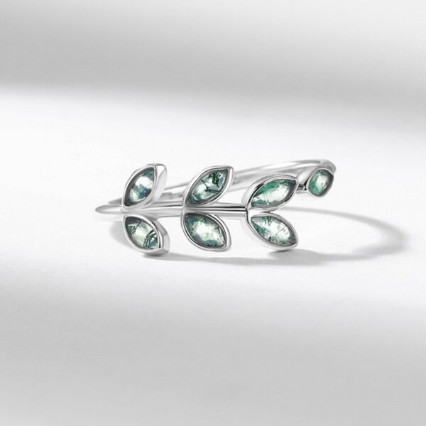 Tree Leaf Natural Watercress Agate Ring S925 Silver Inlaid Green Moss Stone Index Ring Fashion - Image 3