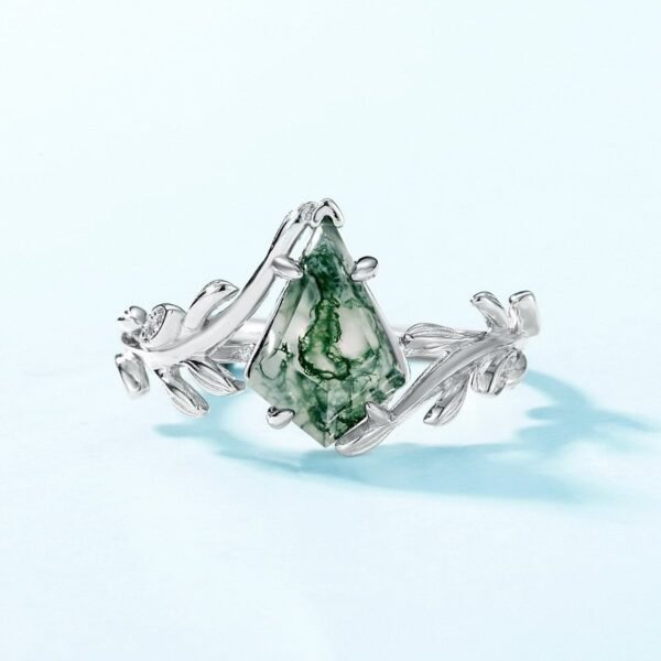 Olive Branch Natural Green Moss Stone Ring S925 Silver with Aqua Agate Geometric Index Ring - Image 3