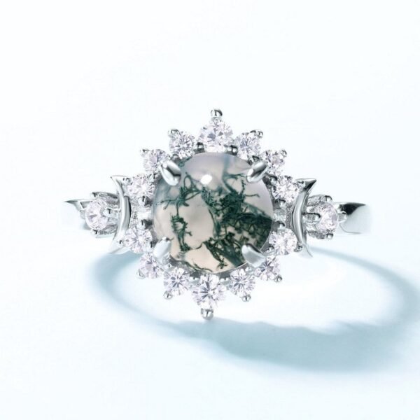 Watercress agate ring green moss full set white zirconium sunflower S925 silver open finger ring wind - Image 3