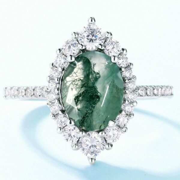 Unique charm watercress agate ring S925 silver green moss fashion finger ring simple atmosphere - Image 3