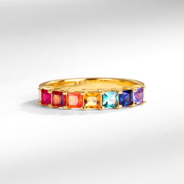 Simple light luxury princess square colored zirconia row diamond ring S925 silver gold finger ring fashion customized - Image 3