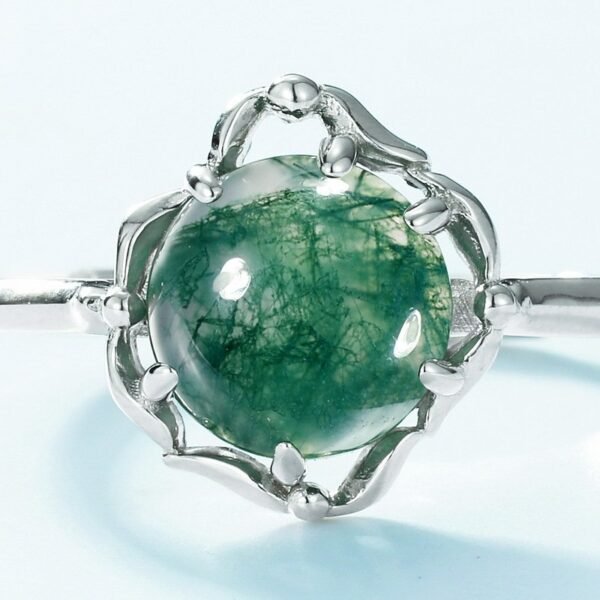 Unique charm green moss ring S925 silver inlaid watercress agate open ring wind fashion - Image 3