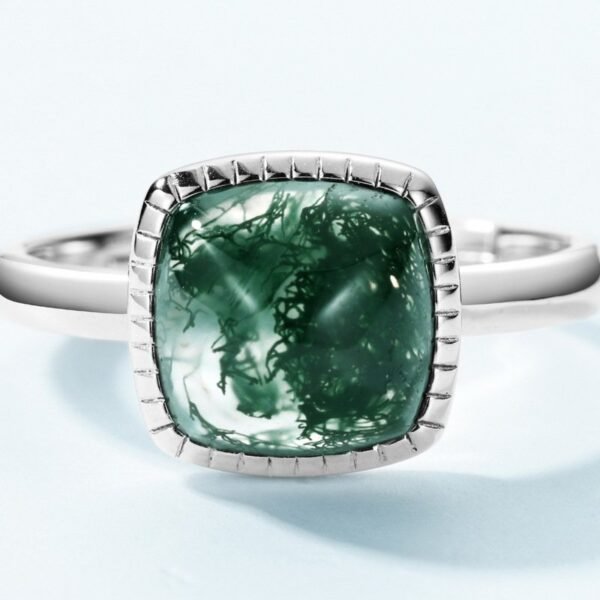 Sugar Tower Natural Watercress Agate Ring S925 Silver with Green Moss Stone Finger Ring Simple Customized - Image 3