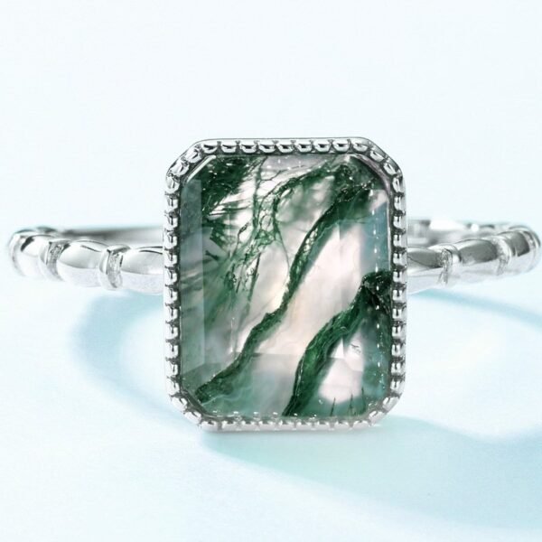 Model atmosphere fashion green moss ring S925 silver inlaid geometric watercress agate open ring light luxury - Image 3