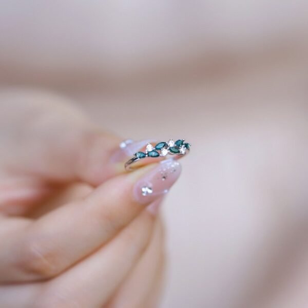 Section small fresh geometric leaves green moss stone ring S925 silver natural watercress agate index finger ring simple - Image 3